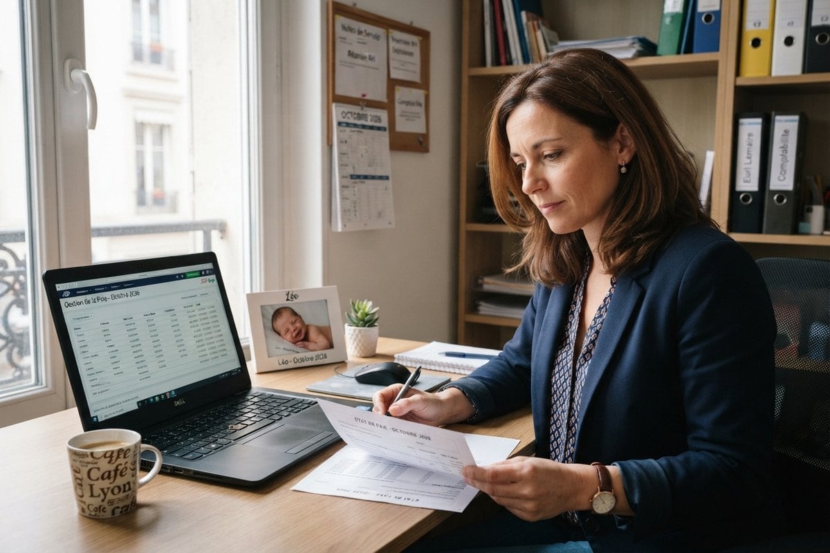 Femme en veste bleu marine relisant un formulaire à son bureau, près d'un ordinateur portable et d'une photo de nouveau-né