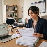 Responsable RH à son bureau consultant un relevé de congés payés, ordinateur portable et pile de dossiers devant elle