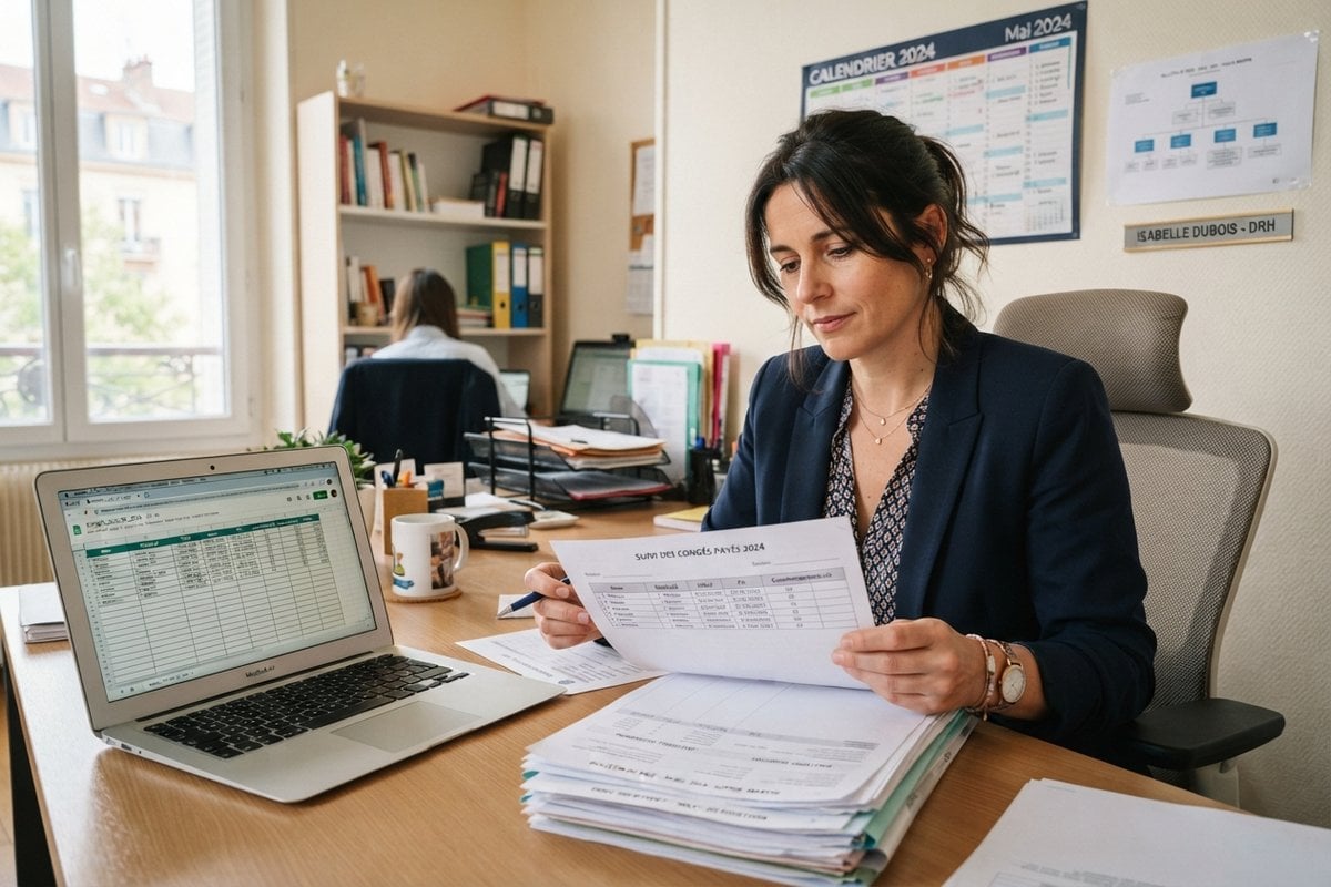 Responsable RH à son bureau consultant un relevé de congés payés, ordinateur portable et pile de dossiers devant elle