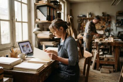 Une femme en tablier trie des documents à un bureau en bois dans l'atelier d'un artisan, un homme travaille au fond