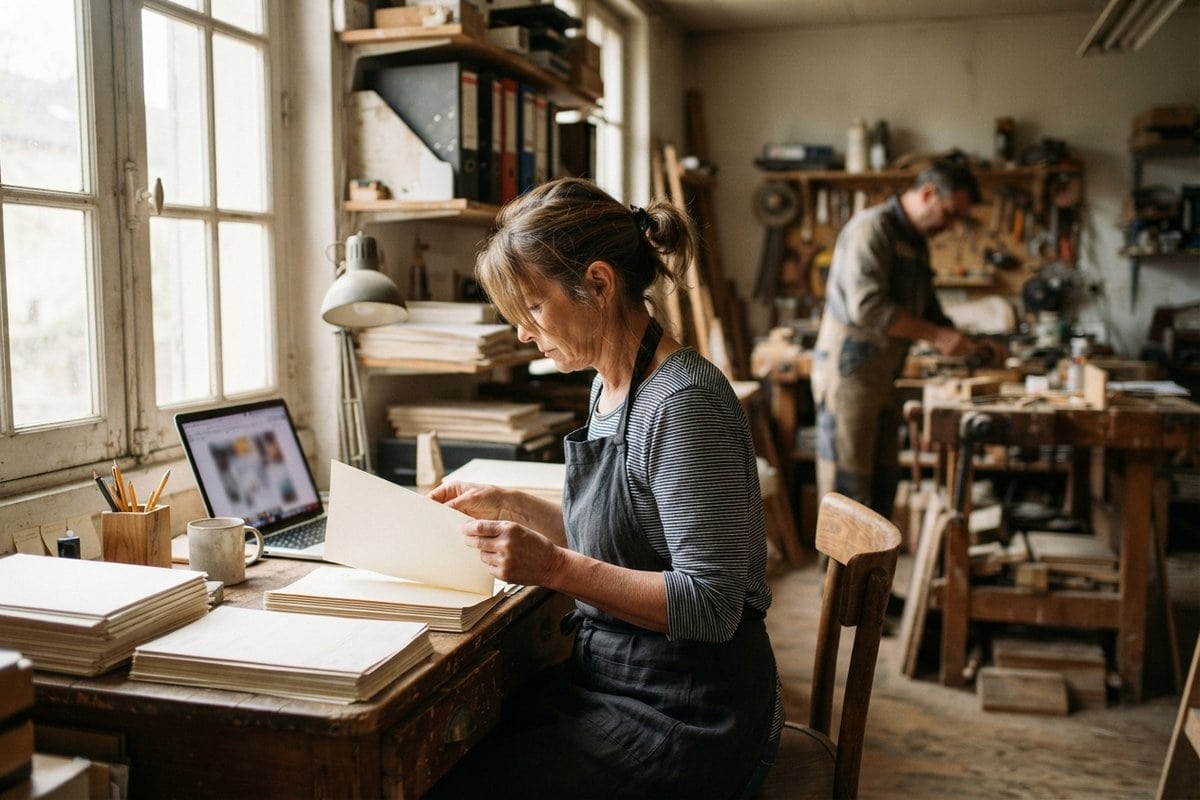 Une femme en tablier trie des documents à un bureau en bois dans l'atelier d'un artisan, un homme travaille au fond