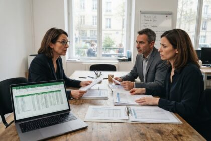 Une inspectrice et deux responsables d'entreprise examinent des tableaux de paie autour d'une table