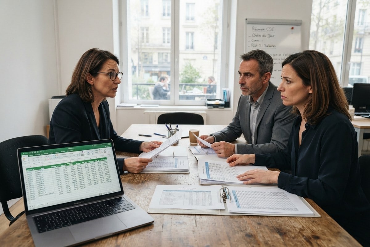 Une inspectrice et deux responsables d'entreprise examinent des tableaux de paie autour d'une table