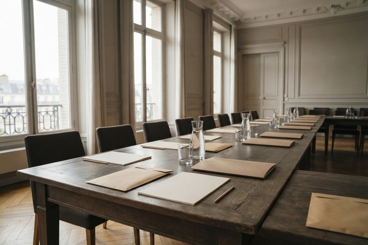 Longue table en bois d'une salle de réunion administrative, avec des enveloppes kraft et des feuilles blanches