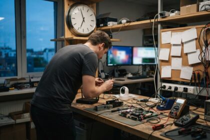 Technicien de dos inspectant des cartes électroniques et une caméra connectée sur un établi d'atelier