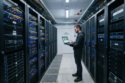 Un technicien consulte un ordinateur portable dans une allée de baies de serveurs, devant une porte marquée zone technique