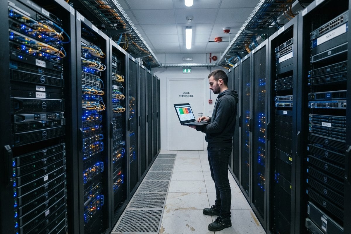 Un technicien consulte un ordinateur portable dans une allée de baies de serveurs, devant une porte marquée zone technique