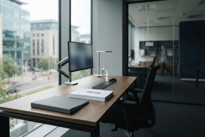 Bureau vide devant une baie vitrée, avec un dossier gris fermé, une pile de feuilles blanches et un écran éteint