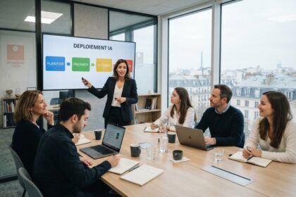 Réunion d'équipe devant un écran affichant un schéma intitulé Déploiement IA, dans un bureau parisien