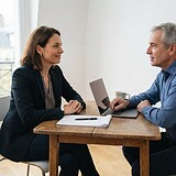 Une responsable RH et un salarié aux cheveux gris échangent à une table en bois, un bloc-notes et un ordinateur portable entre eux