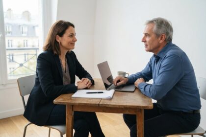 Une responsable RH et un salarié aux cheveux gris échangent à une table en bois, un bloc-notes et un ordinateur portable entre eux