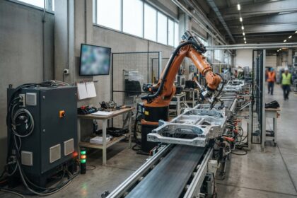 Un bras robotisé orange travaille sur une ligne d'assemblage, près d'une armoire de commande et d'un écran flouté