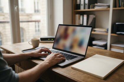 Mains d'un professionnel sur un ordinateur portable posé sur un bureau en bois, près d'une fenêtre