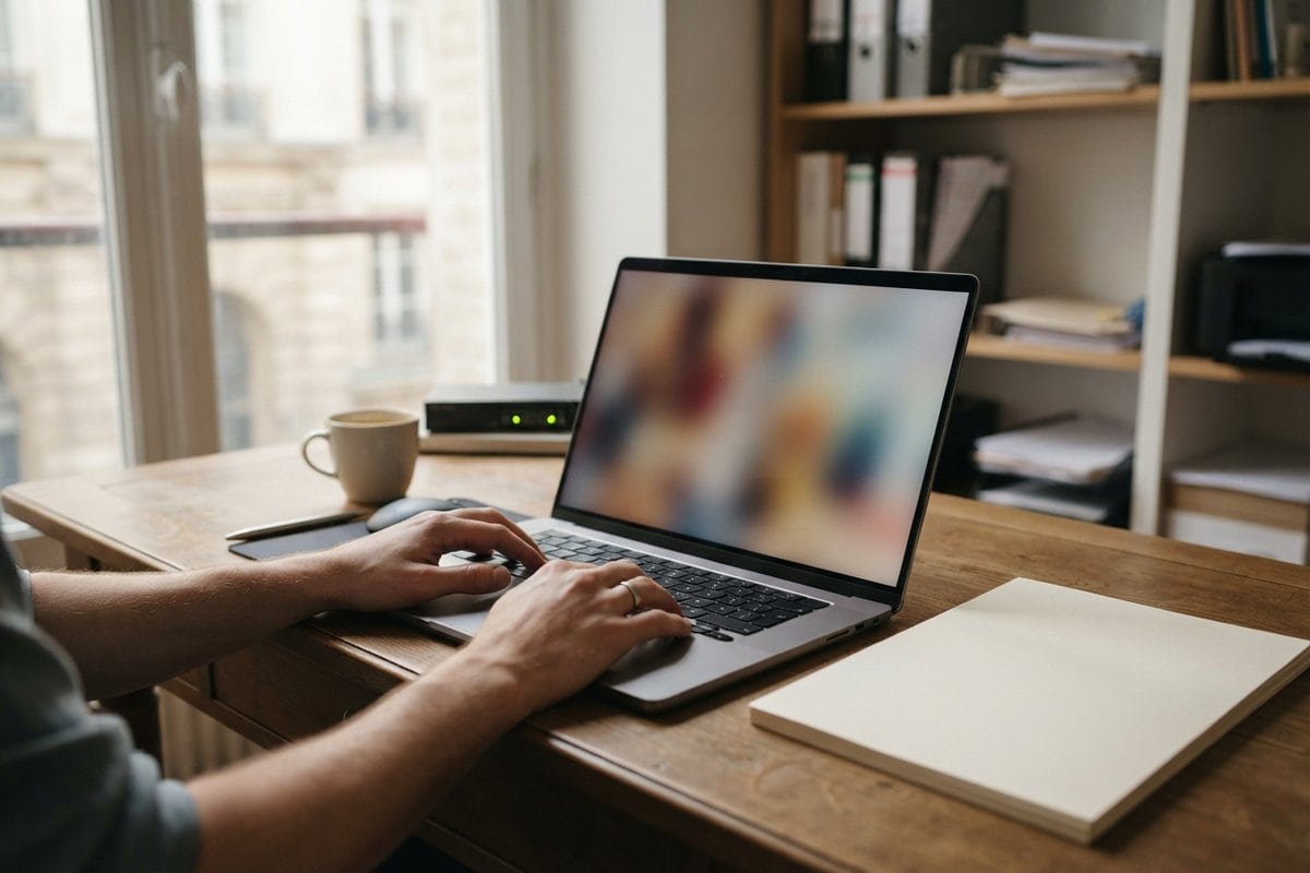 Mains d'un professionnel sur un ordinateur portable posé sur un bureau en bois, près d'une fenêtre