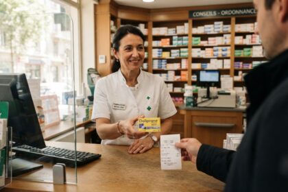 Une pharmacienne tend une boîte de médicament et un ticket de caisse à un client au comptoir