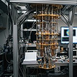 Cryostat à dilution suspendu dans un laboratoire, étages dorés et câbles coaxiaux, un chercheur de dos
