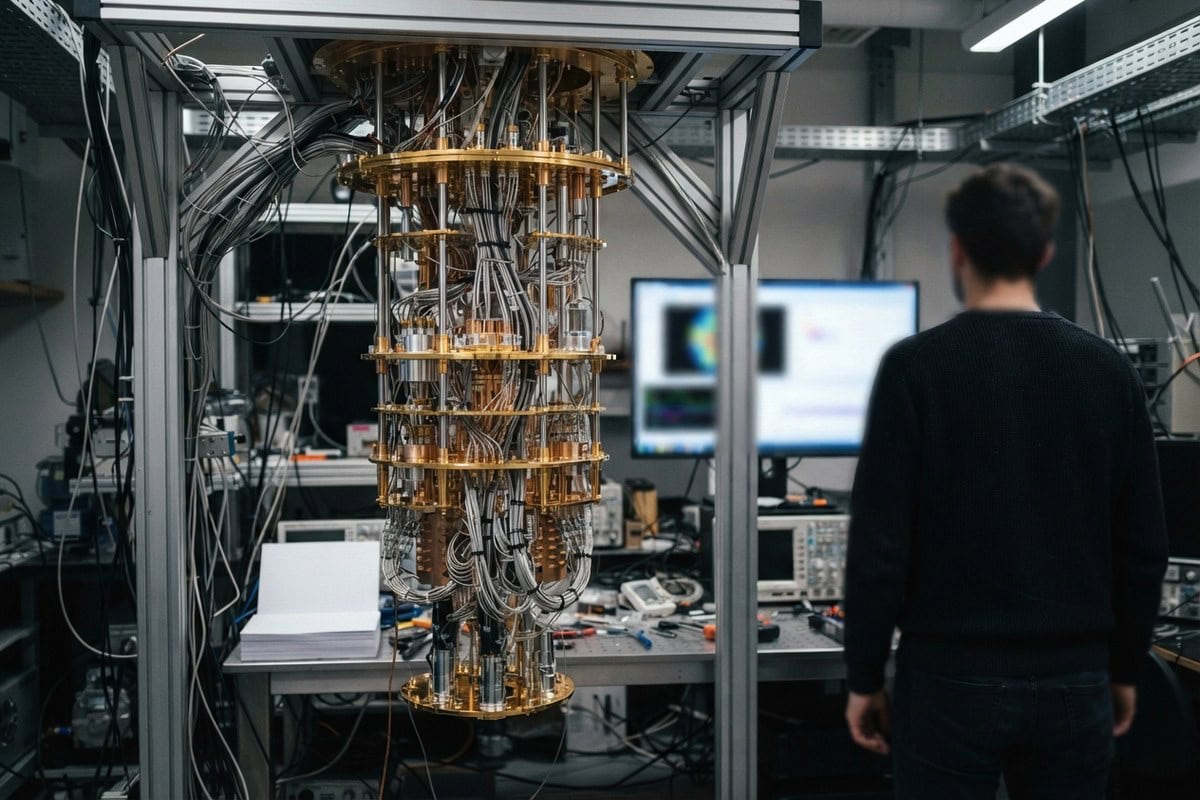 Cryostat à dilution suspendu dans un laboratoire, étages dorés et câbles coaxiaux, un chercheur de dos