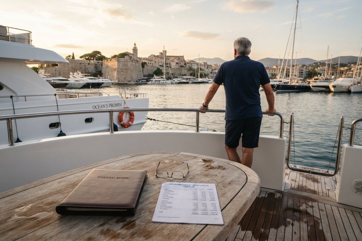 Homme de dos à la poupe d'un yacht dans le port d'Antibes, un dossier en cuir et un bilan posés sur la table en teck