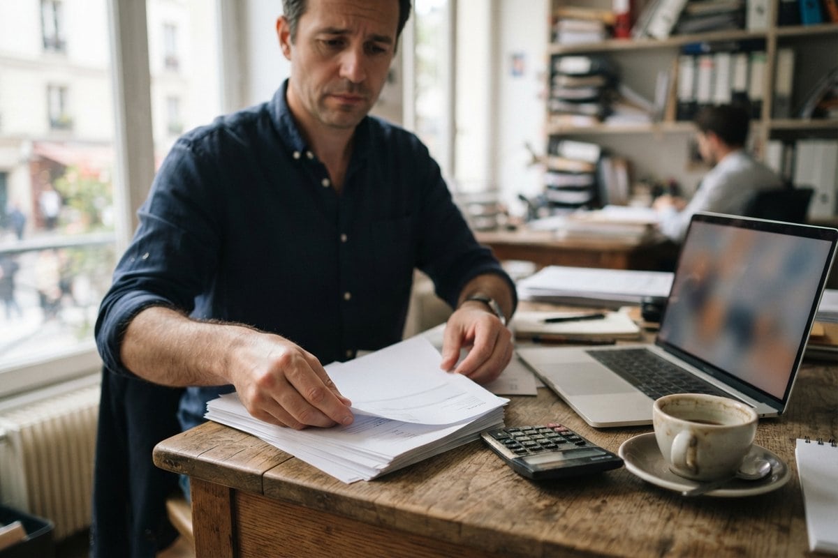 Un homme en chemise trie une pile de factures sur un bureau en bois, à côté d'une calculatrice et d'un ordinateur portable