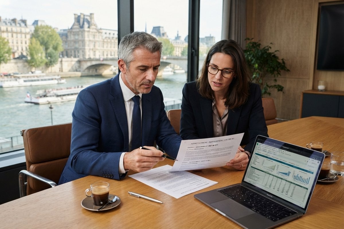 Un homme et une femme en costume relisent un document devant un ordinateur portable, la Seine en arrière-plan