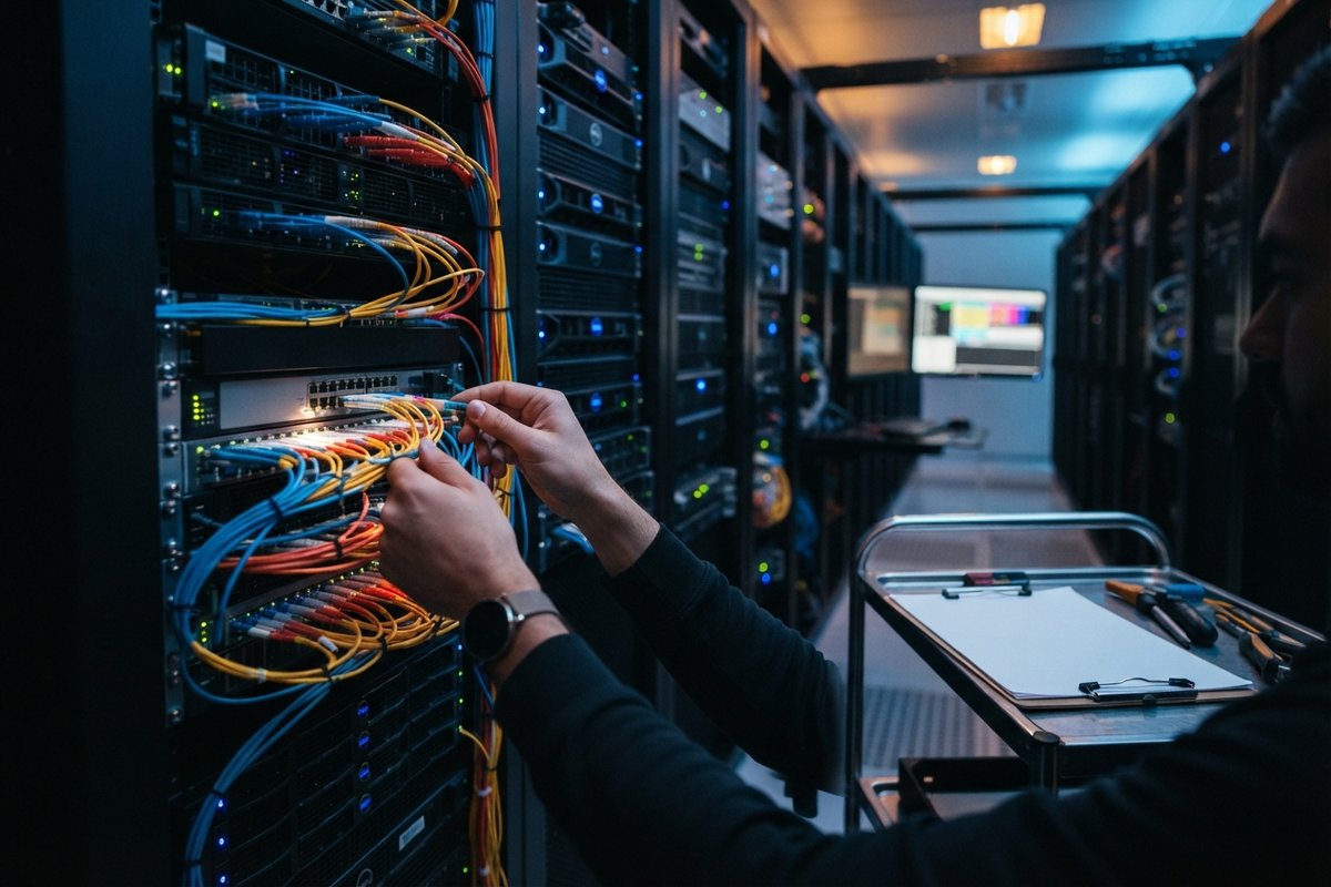 Mains d'un technicien branchant des câbles à fibre optique dans un commutateur monté en baie, allée de datacenter