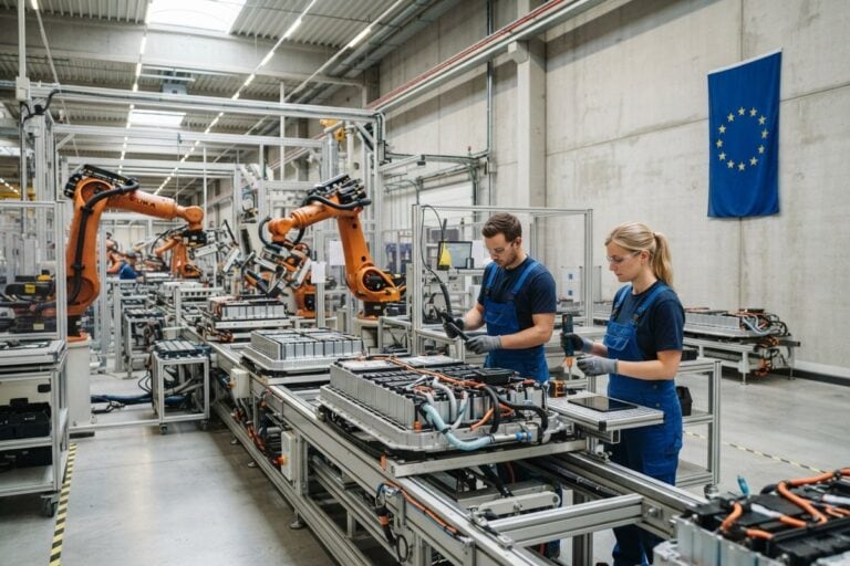 Deux techniciens en salopette bleue contrôlent des modules de batterie sur une chaîne robotisée, drapeau européen au mur