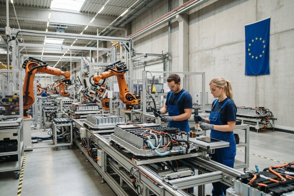 Deux techniciens en salopette bleue contrôlent des modules de batterie sur une chaîne robotisée, drapeau européen au mur