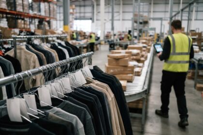 Portique de vêtements sur cintres avec étiquettes vierges dans un entrepôt logistique, colis sur un convoyeur