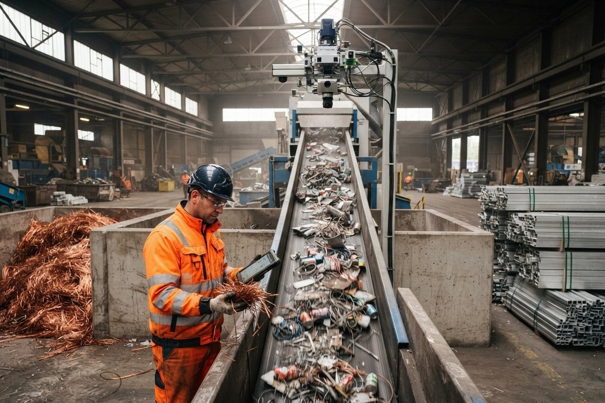 Un ouvrier en tenue orange examine des fils de cuivre près d'un tapis de tri de ferraille, profilés d'aluminium empilés