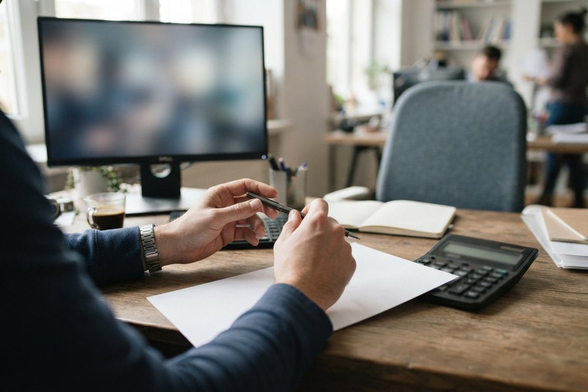 Des mains tiennent un stylo au-dessus d'une feuille vierge, à côté d'une calculatrice, sur un bureau