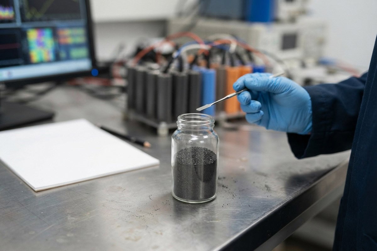 Bocal de poudre grise sur une paillasse, main gantée tenant une spatule, cellules de batterie en arrière-plan