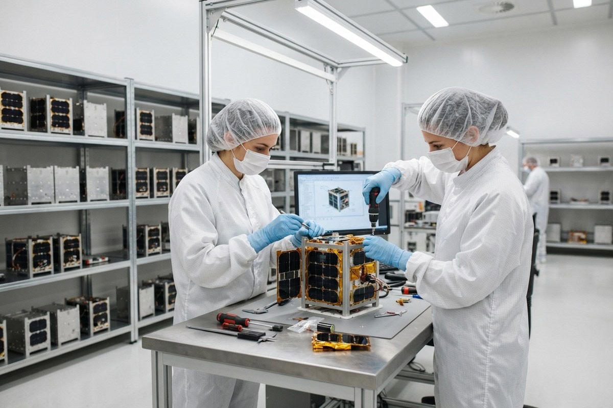 Deux ingénieures en tenue de salle blanche assemblent un petit satellite cubique sur un établi
