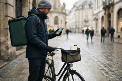 Un livreur à vélo consulte son téléphone dans une rue pavée, des feuilles vierges dans le panier avant