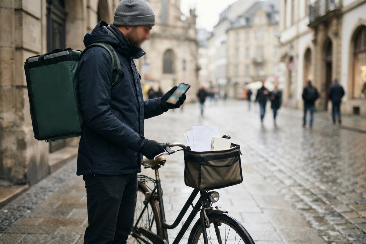 Un livreur à vélo consulte son téléphone dans une rue pavée, des feuilles vierges dans le panier avant
