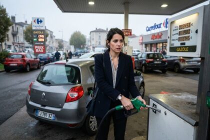 Une salariée en veste marine fait le plein de gazole d'une Renault Clio grise dans une station-service Carrefour