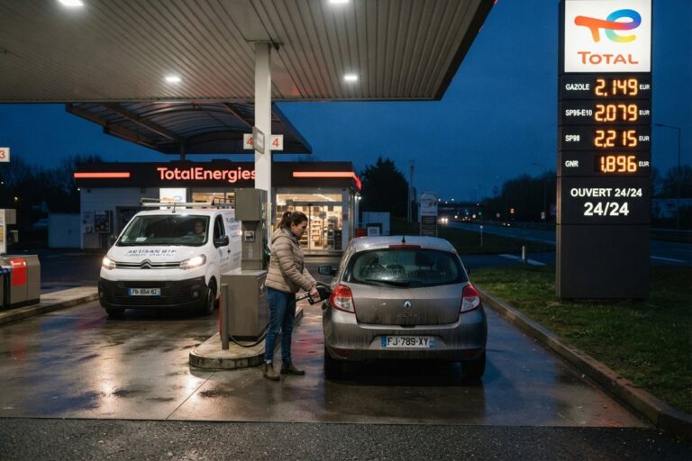 Une femme fait le plein d'une Clio grise dans une station TotalEnergies au crépuscule, un utilitaire blanc à l'arrière-plan