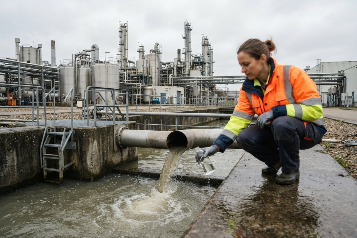 Une technicienne en veste haute visibilité prélève un échantillon à la sortie d'un rejet industriel