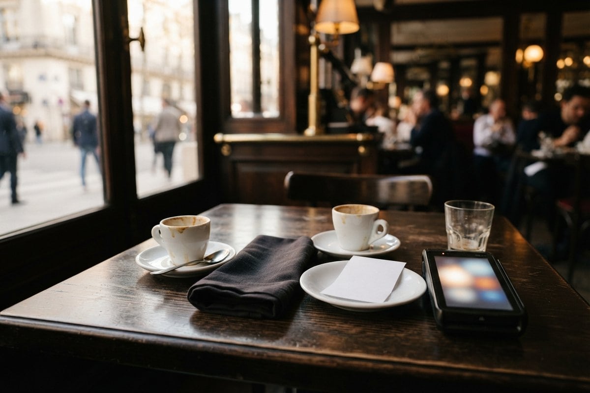 Deux tasses à café vides, une note blanche sur une soucoupe et un terminal de paiement sur une table de bistrot