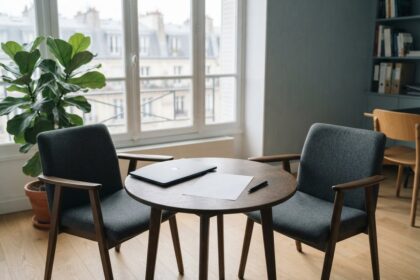 Deux fauteuils vides autour d'une table ronde avec une feuille blanche, un stylo et un ordinateur portable fermé
