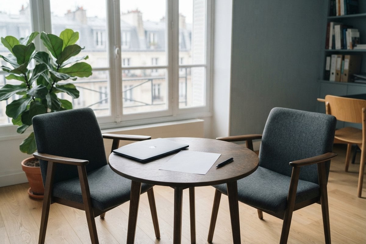 Deux fauteuils vides autour d'une table ronde avec une feuille blanche, un stylo et un ordinateur portable fermé