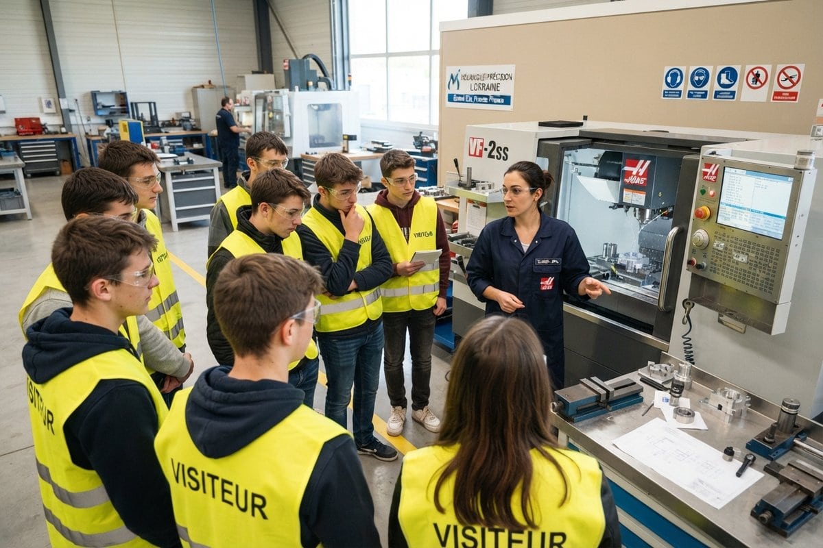 Lycéens en gilets jaunes Visiteur écoutant une technicienne devant un centre d'usinage dans un atelier industriel