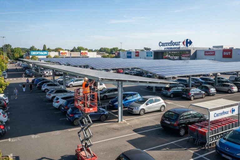 Parking de zone commerciale équipé d'ombrières photovoltaïques, technicien sur nacelle devant un hypermarché