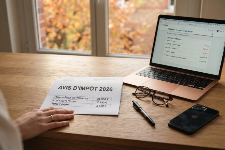 Avis d'impôt 2026 posé sur un bureau en bois, à côté d'un ordinateur portable affichant un relevé bancaire