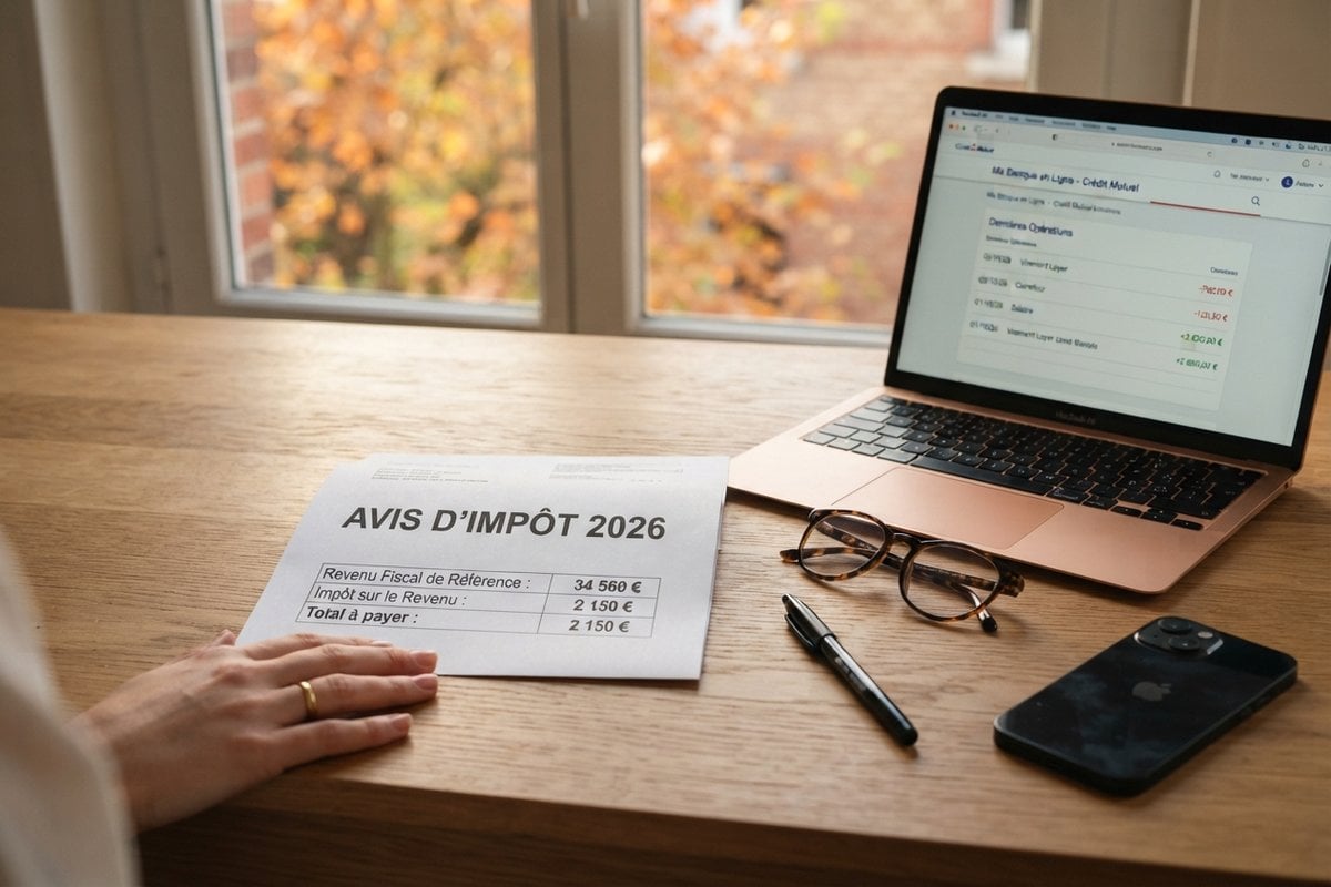 Avis d'impôt 2026 posé sur un bureau en bois, à côté d'un ordinateur portable affichant un relevé bancaire