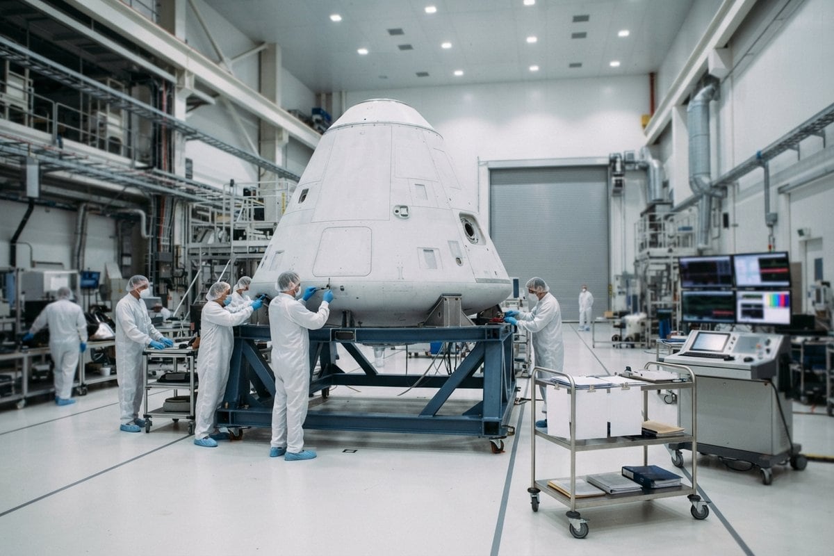 Capsule spatiale blanche posée sur un bâti métallique bleu, entourée de techniciens en combinaison dans une salle blanche