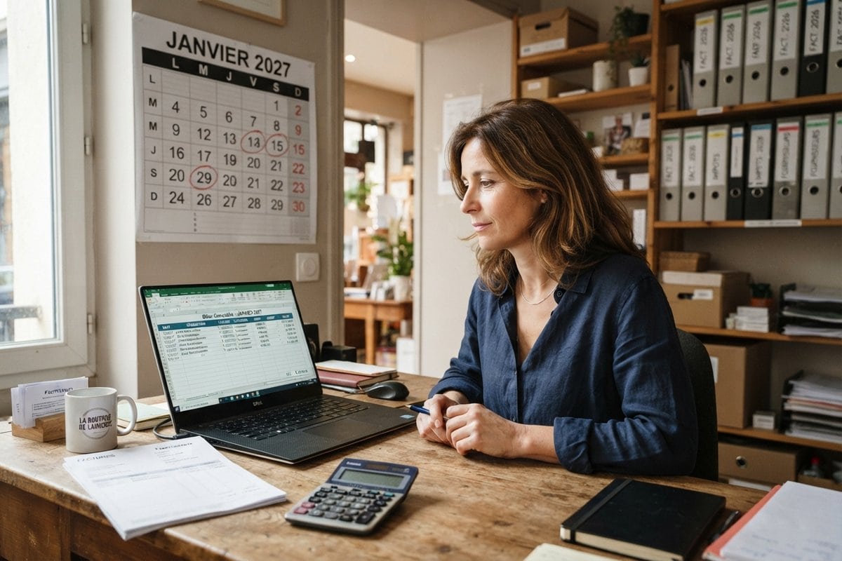 Commerçante devant un portable affichant un tableur, calendrier de janvier 2027 au mur et calculatrice sur le bureau