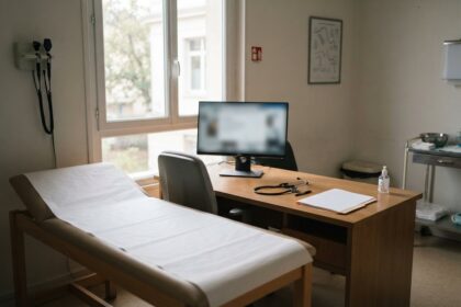 Cabinet médical vide avec une table d'examen, un bureau en bois, un stéthoscope et un écran allumé près d'une fenêtre