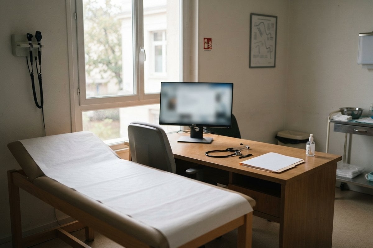 Cabinet médical vide avec une table d'examen, un bureau en bois, un stéthoscope et un écran allumé près d'une fenêtre