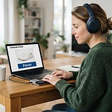Femme portant un casque qui lit un afficheur braille devant un ordinateur portable ouvert sur une boutique en ligne