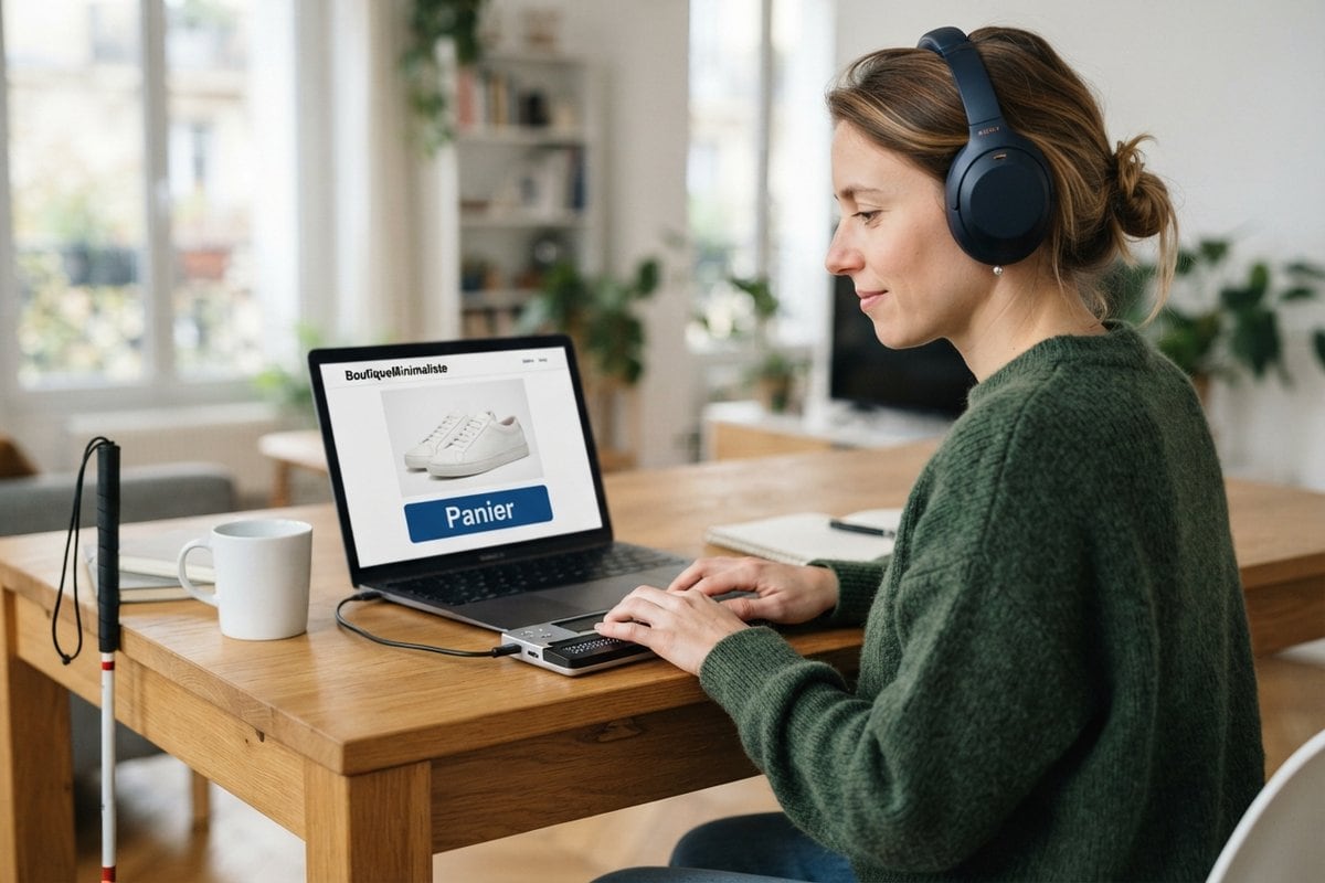 Femme portant un casque qui lit un afficheur braille devant un ordinateur portable ouvert sur une boutique en ligne